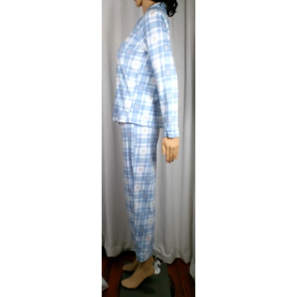 Poppy Clay Organic Cotton Pajama Set Blue Plaid Button Front Lounge Cottagecore